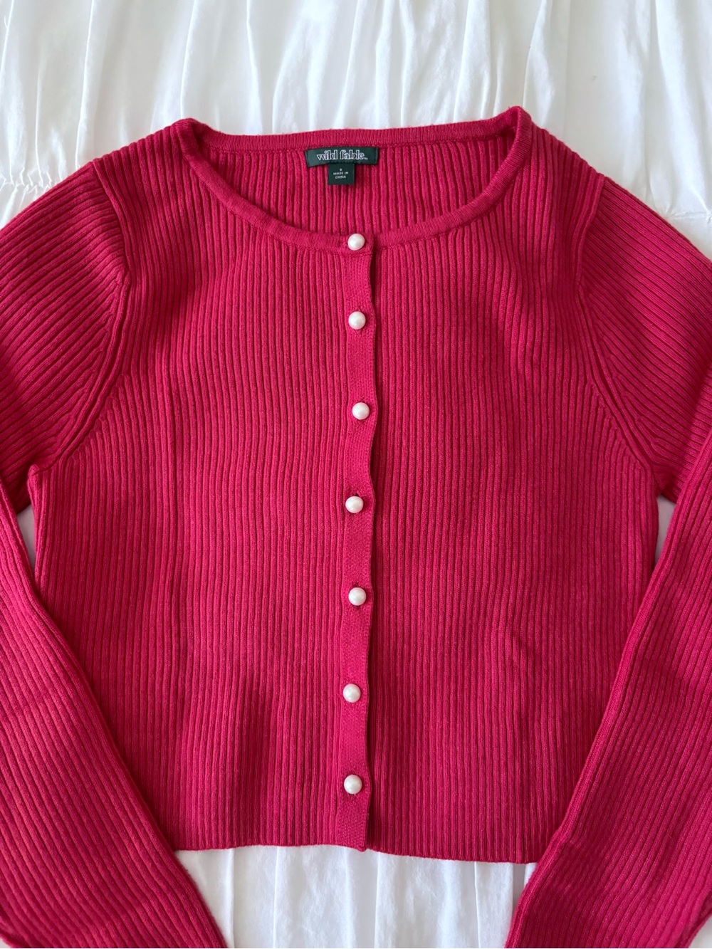 NWOT Red Ribbed Pearl-Button Cardigan - Picture 2 of 7